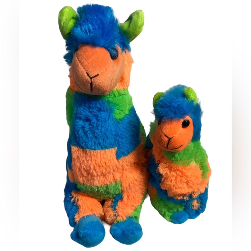 Set - Peek A Boo Toys Mama Baby Llama Stuffed Plush Green Orange Blue 9"-12"